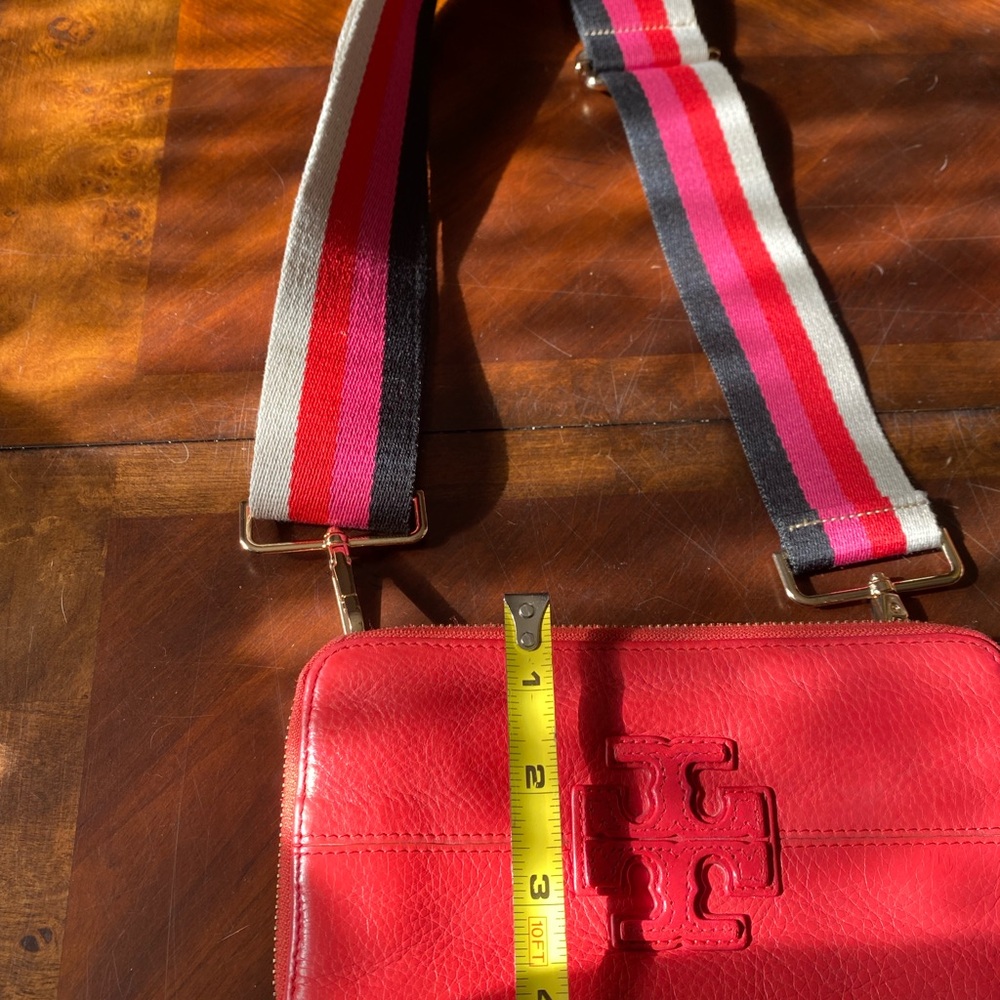 Tory Burch Red Leather Crossbody Wallet with Multicolor Stripe Strap - Picture 7 of 10